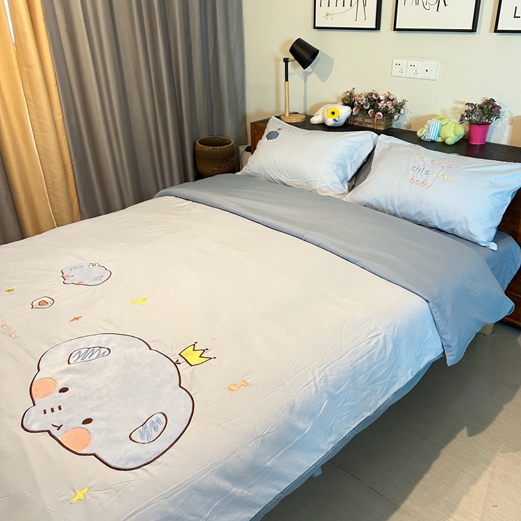 91家纺网 家纺一手货源 找家纺 我心家纺 2024新款水洗棉贴布绣四件套-小象 小象-蓝灰