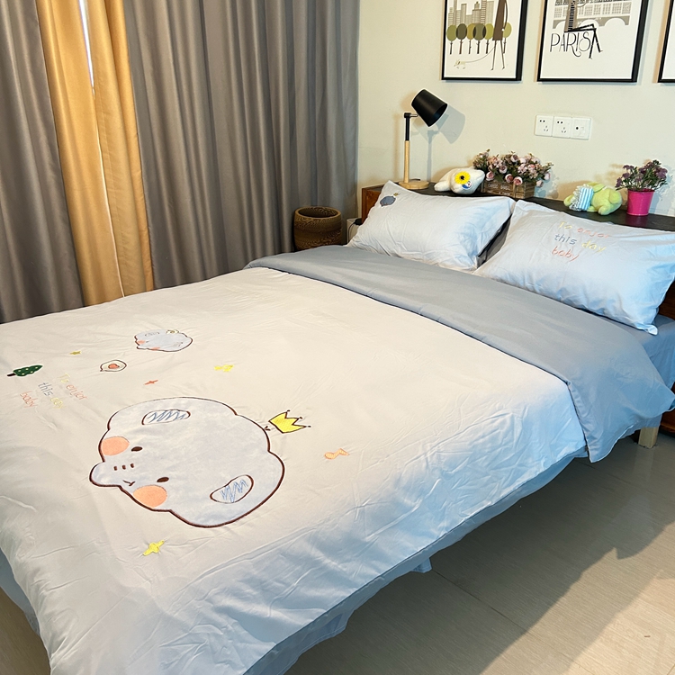 91家纺网 家纺一手货源 找家纺 我心家纺 2024新款水洗棉贴布绣四件套-小象 小象-蓝灰