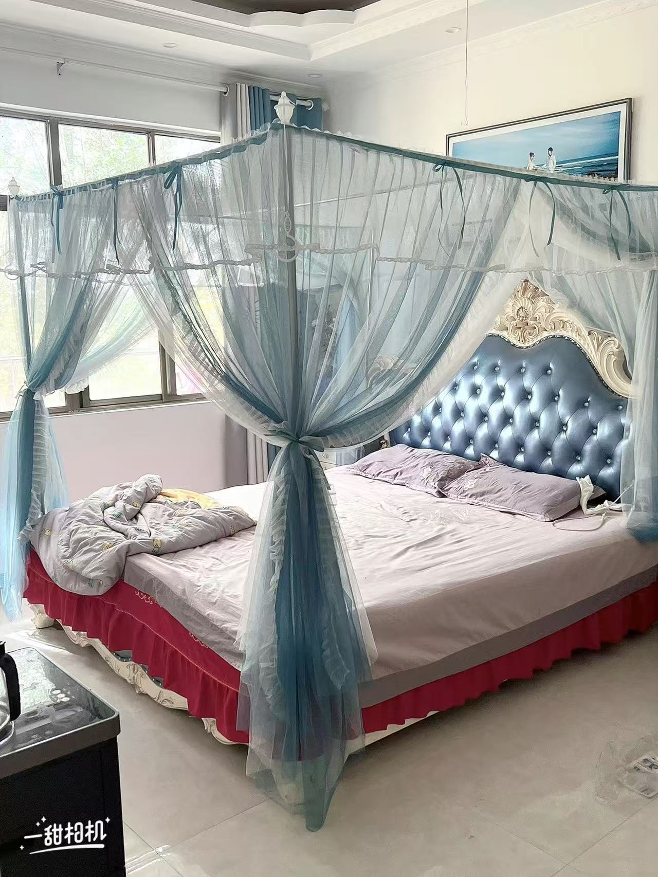 91家纺网 家纺一手货源 找家纺 宝莱利家纺 宫廷式落地双层防尘顶蚊帐 梦乡（升级25MM烤漆支架送风扇杆）