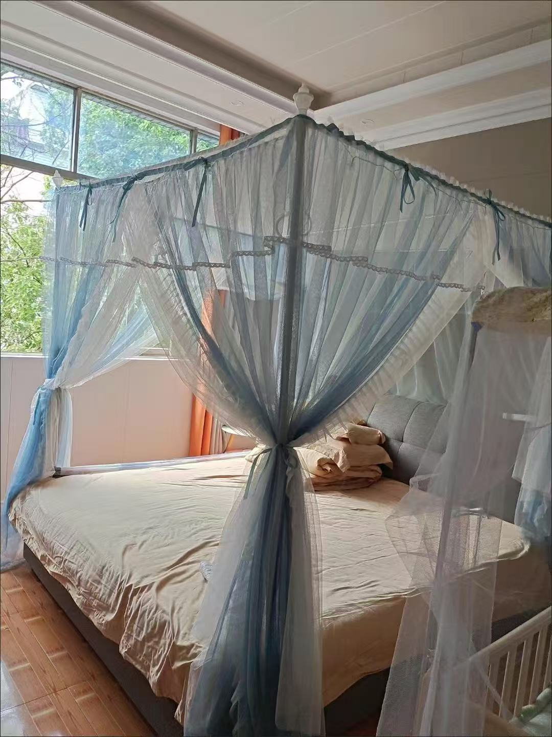 91家纺网 家纺一手货源 找家纺 宝莱利家纺 宫廷式落地双层防尘顶蚊帐 梦乡（升级25MM烤漆支架送风扇杆）