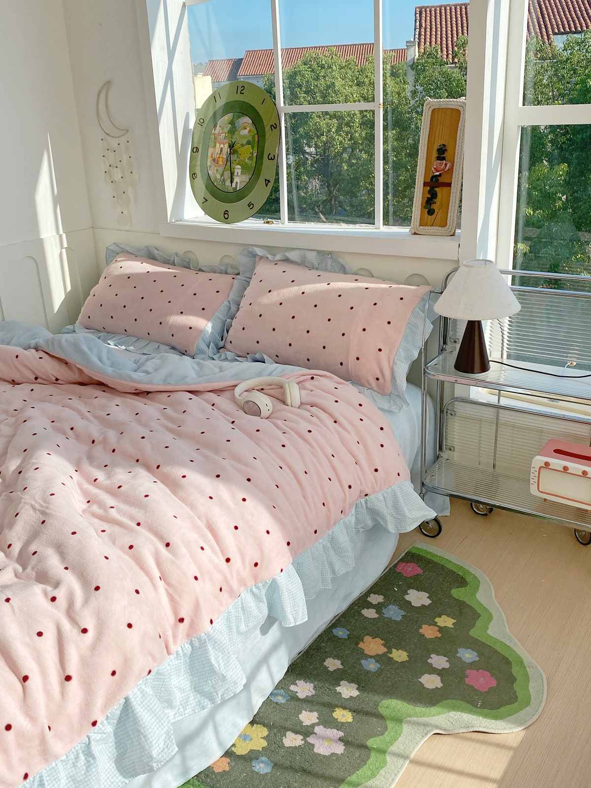 91家纺网 家纺一手货源 找家纺 （总）丽涵家纺 2025秋冬新品韩系牛奶绒波点小格子全棉花边四件套三件套