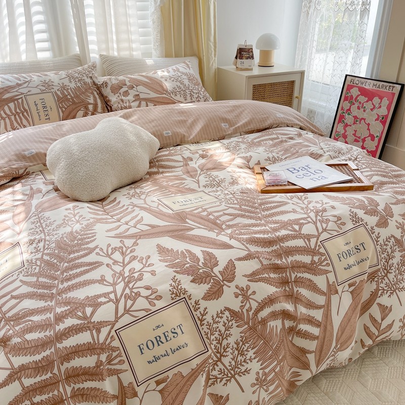 91家纺网 家纺一手货源 找家纺 顾里 2022新款13372全棉四件套-韩系全棉影棚图 复古藤蔓咖