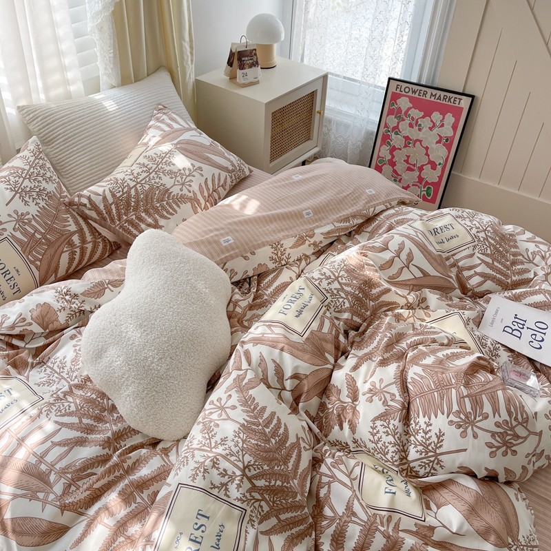 91家纺网 家纺一手货源 找家纺 顾里 2022新款13372全棉四件套-韩系全棉影棚图 复古藤蔓咖