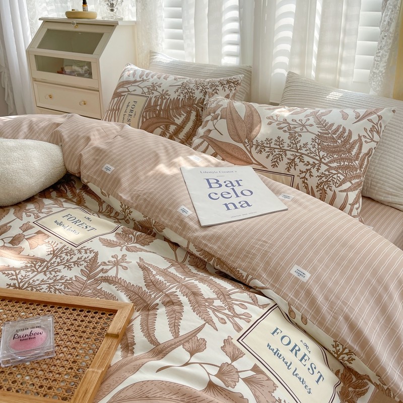 91家纺网 家纺一手货源 找家纺 顾里 2022新款13372全棉四件套-韩系全棉影棚图 复古藤蔓咖