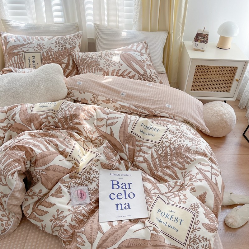 91家纺网 家纺一手货源 找家纺 顾里 2022新款13372全棉四件套-韩系全棉影棚图 复古藤蔓咖