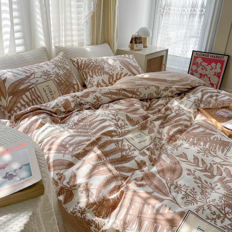 91家纺网 家纺一手货源 找家纺 顾里 2022新款13372全棉四件套-韩系全棉影棚图 复古藤蔓咖