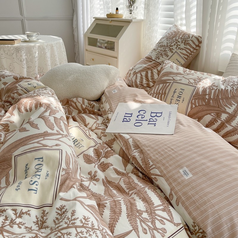 91家纺网 家纺一手货源 找家纺 顾里 2022新款13372全棉四件套-韩系全棉影棚图 复古藤蔓咖