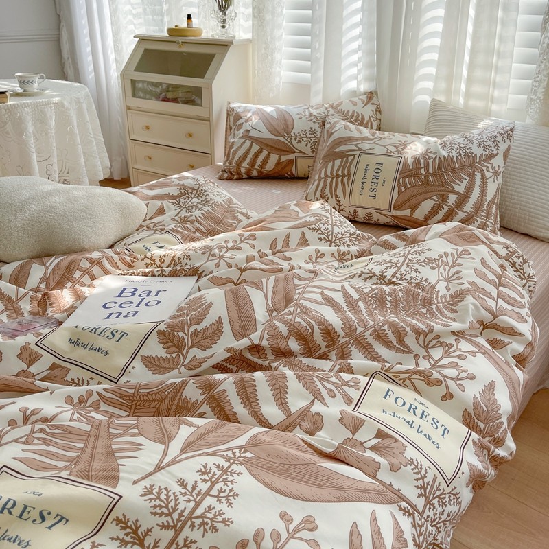 91家纺网 家纺一手货源 找家纺 顾里 2022新款13372全棉四件套-韩系全棉影棚图 复古藤蔓咖