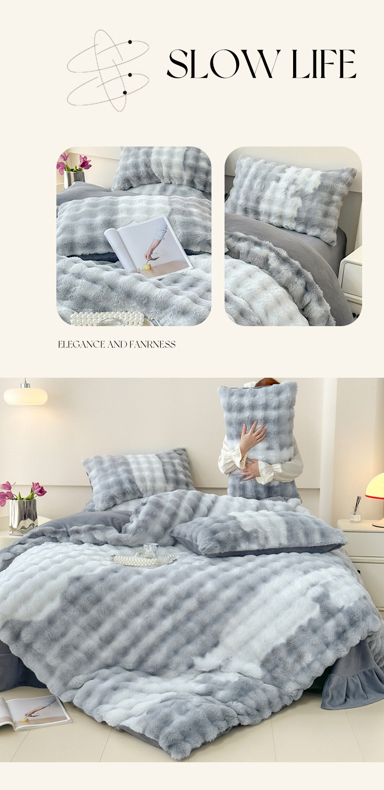 91家纺网 家纺一手货源 找家纺 一比一 2023新款兔毛七彩印花牛奶绒四件套 七彩灰色