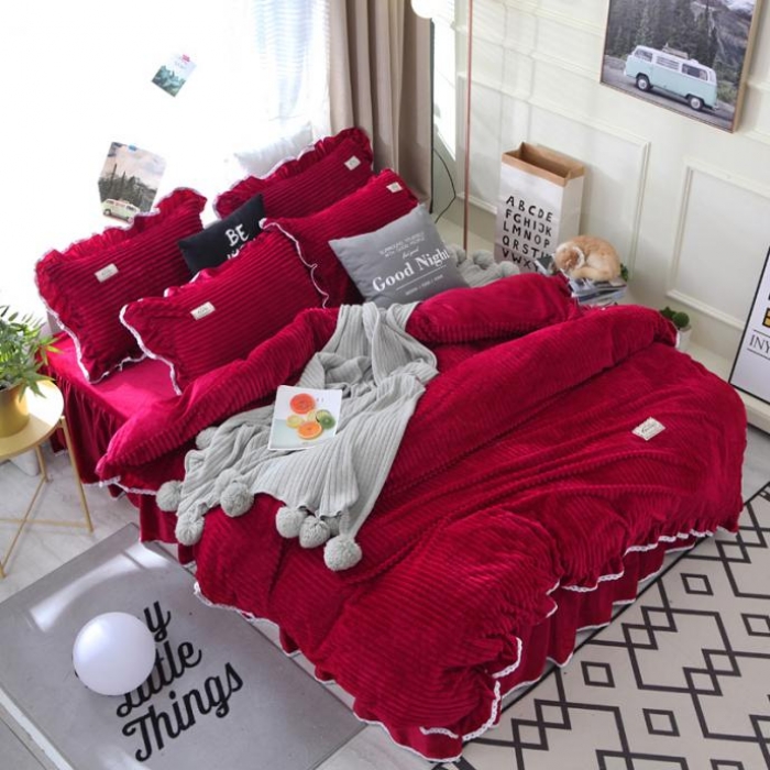 91家纺网 家纺一手货源 找家纺 唐人居 韩版宝宝绒四件套 9酱红