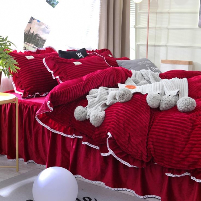 91家纺网 家纺一手货源 找家纺 唐人居 韩版宝宝绒四件套 9酱红