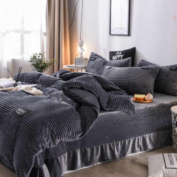 91家纺网 家纺一手货源 找家纺 唐人居家纺  2025冬季保暖魔法绒四件套 丽莎-灰色