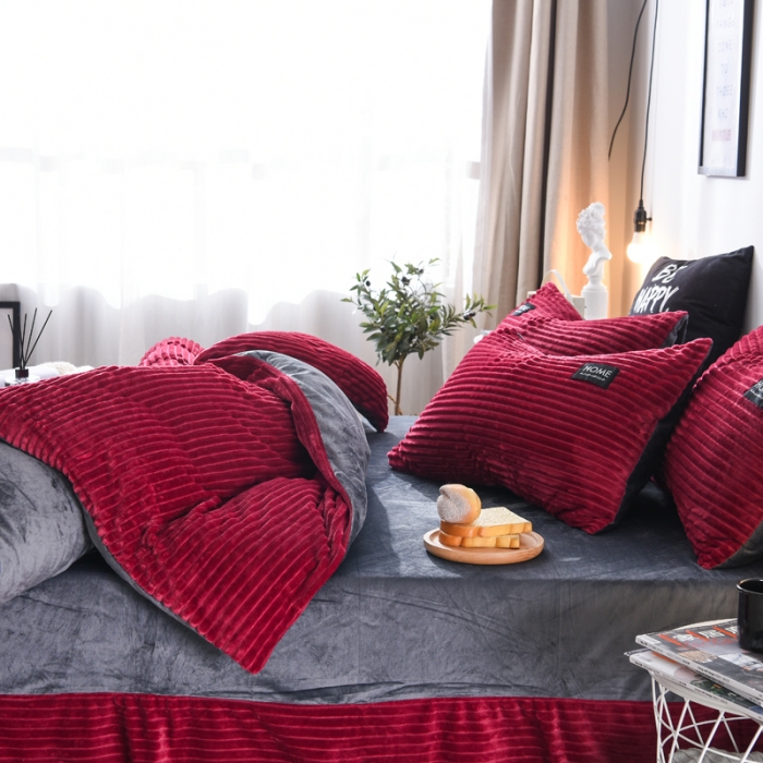 91家纺网 家纺一手货源 找家纺 唐人居家纺  2025冬季保暖魔法绒四件套 丽莎-酒红