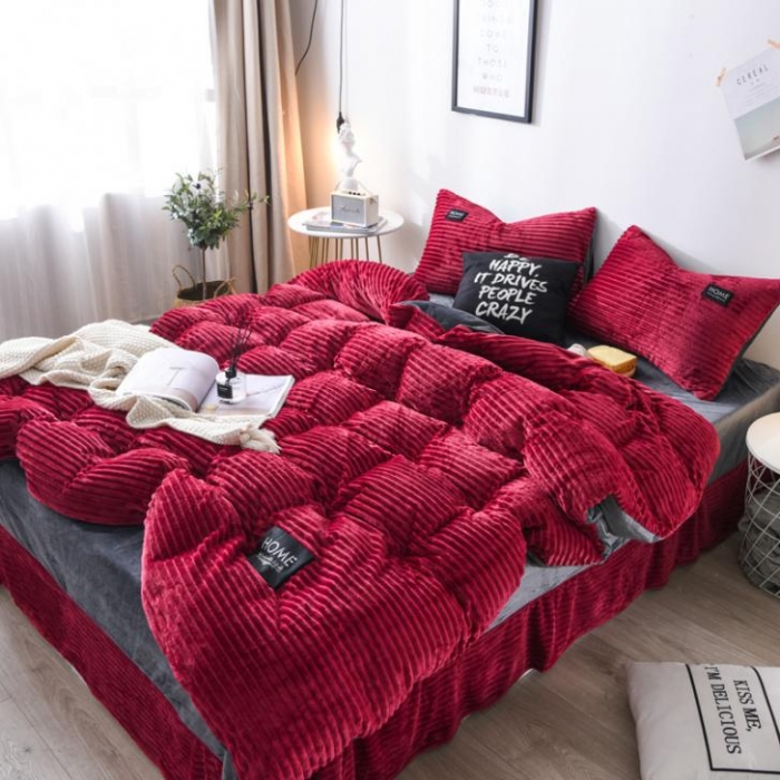 91家纺网 家纺一手货源 找家纺 唐人居家纺  2025冬季保暖魔法绒四件套 丽莎-酒红