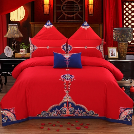 91家纺网 家纺一手货源 找家纺 绣女坊 2023新款全棉大红婚庆四件套结婚婚房床品