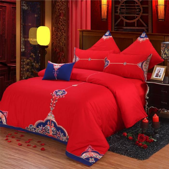 91家纺网 家纺一手货源 找家纺 绣女坊 2023新款全棉大红婚庆四件套结婚婚房床品