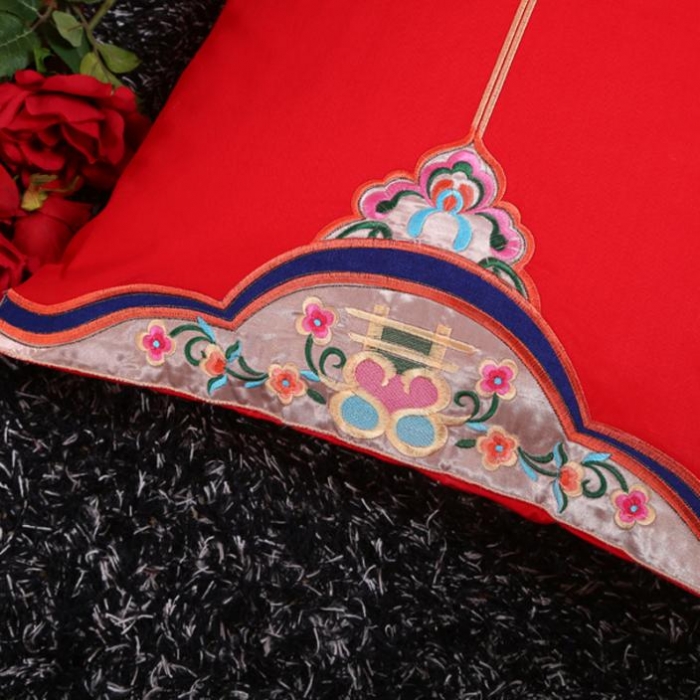 91家纺网 家纺一手货源 找家纺 绣女坊 2023新款全棉大红婚庆四件套结婚婚房床品