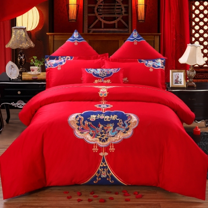 91家纺网 家纺一手货源 找家纺 绣女坊 2023新款全棉大红婚庆四件套喜结良缘