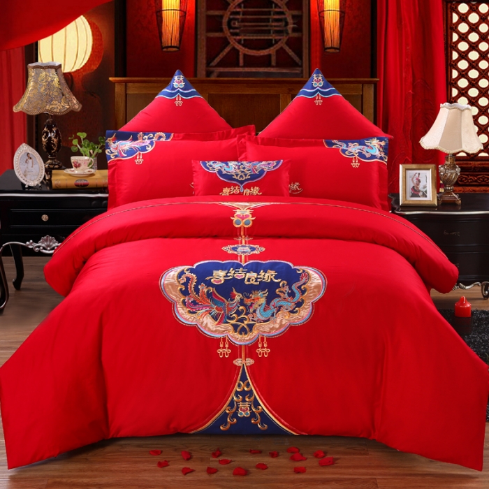 91家纺网 家纺一手货源 找家纺 绣女坊 2023新款全棉大红婚庆四件套喜结良缘