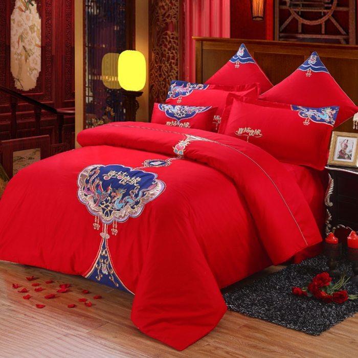 91家纺网 家纺一手货源 找家纺 绣女坊 2023新款全棉大红婚庆四件套喜结良缘