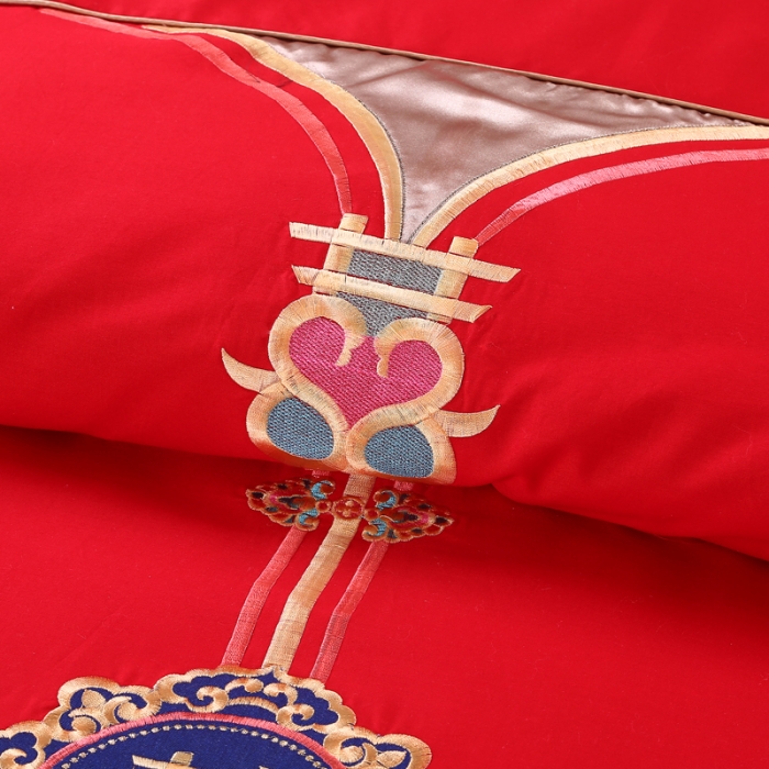 91家纺网 家纺一手货源 找家纺 绣女坊 2023新款全棉大红婚庆四件套喜结良缘