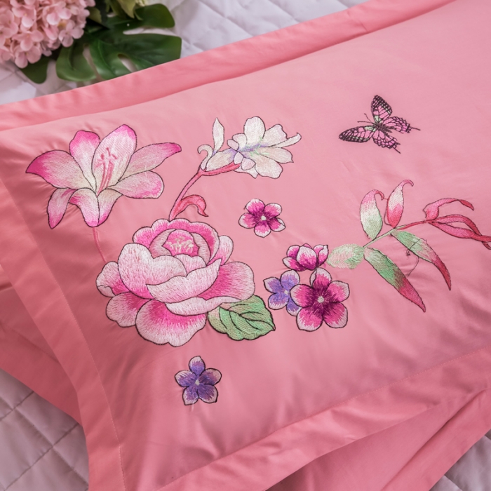 91家纺网 家纺一手货源 找家纺 绣女坊 2023新款全棉婚庆四件套 六件套楼兰花梦-玉色