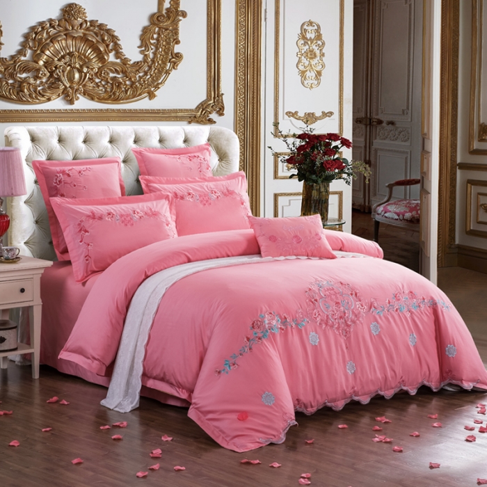 91家纺网 家纺一手货源 找家纺 绣女坊2023新款全棉婚庆多件套 美好心情玉色