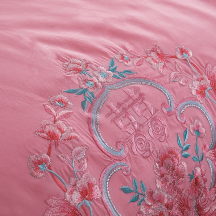 91家纺网 家纺一手货源 找家纺 绣女坊2023新款全棉婚庆多件套 美好心情玉色