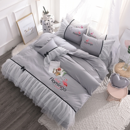 91家纺网 家纺一手货源 找家纺 （总）花香四季 ins韩国纱火烈鸟系列套件床单款