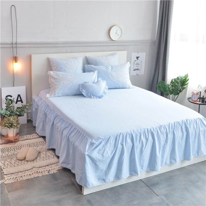 91家纺网 家纺一手货源 找家纺 花香四季 花海系列蕾丝绣花13372全棉床裙款套件 水蓝色