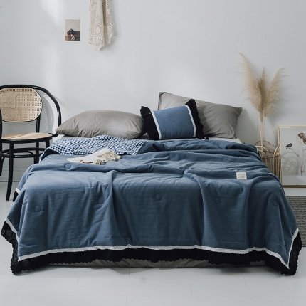 润缦 2019新款色织贡缎水洗棉夏被牛仔蓝
