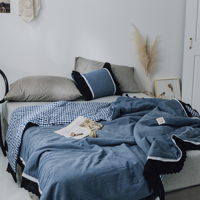 91家纺网 家纺一手货源 找家纺 润缦 2019新款色织贡缎水洗棉夏被牛仔蓝