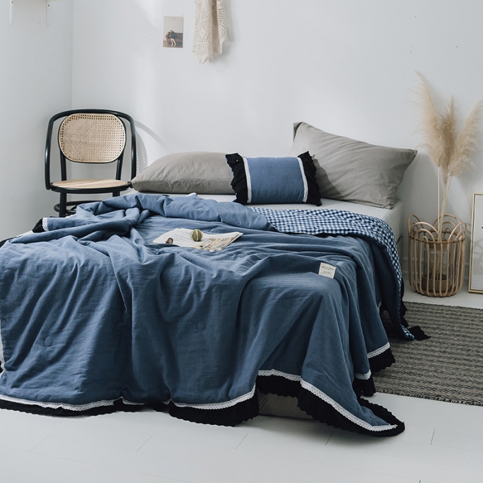 91家纺网 家纺一手货源 找家纺 润缦 2019新款色织贡缎水洗棉夏被牛仔蓝
