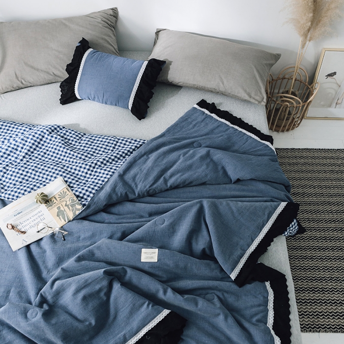 91家纺网 家纺一手货源 找家纺 润缦 2019新款色织贡缎水洗棉夏被牛仔蓝