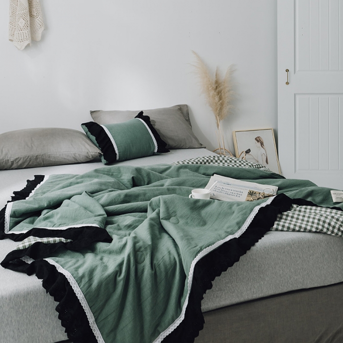 91家纺网 家纺一手货源 找家纺 润缦 2019新款色织贡缎水洗棉夏被森林绿