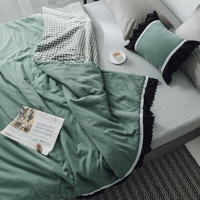 91家纺网 家纺一手货源 找家纺 润缦 2019新款色织贡缎水洗棉夏被森林绿