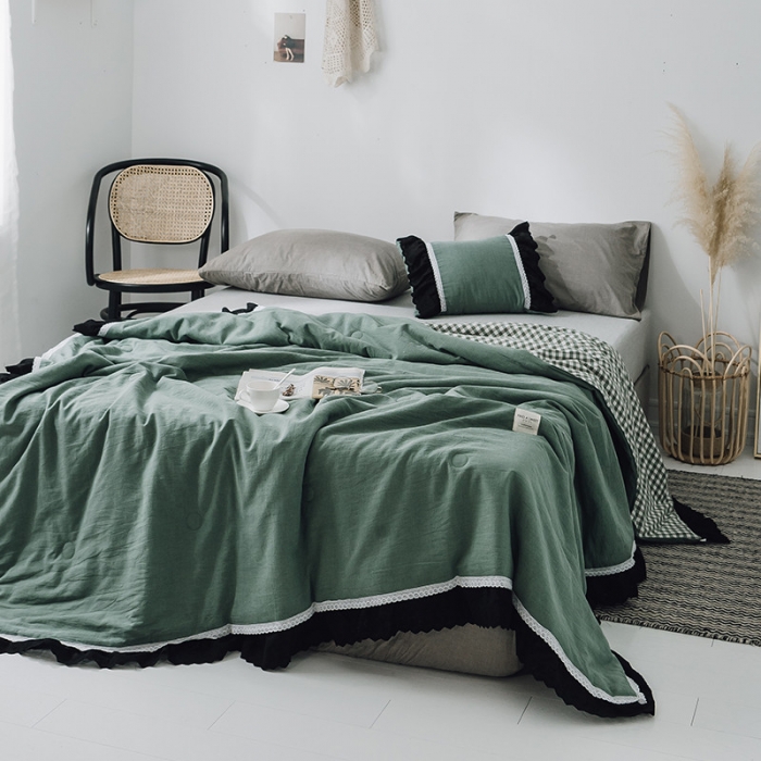 91家纺网 家纺一手货源 找家纺 润缦 2019新款色织贡缎水洗棉夏被森林绿