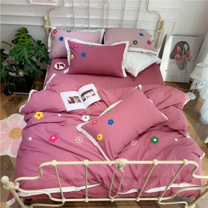 润缦 新款加厚全棉水洗棉四件套 泫雅风-海棠红