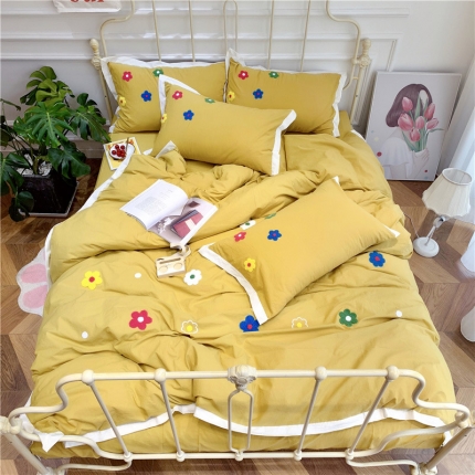 润缦 新款加厚全棉水洗棉四件套 泫雅风-姜黄