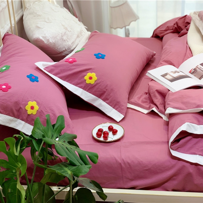 91家纺网 家纺一手货源 找家纺 润缦 32支加厚全棉水洗棉四件套泫雅风实拍图 泫雅风海棠红