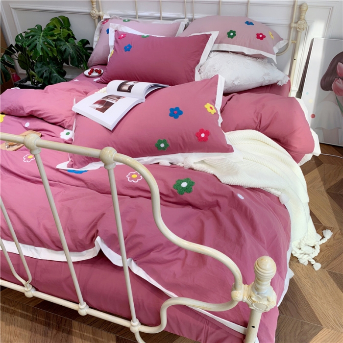 91家纺网 家纺一手货源 找家纺 润缦 32支加厚全棉水洗棉四件套泫雅风实拍图 泫雅风海棠红