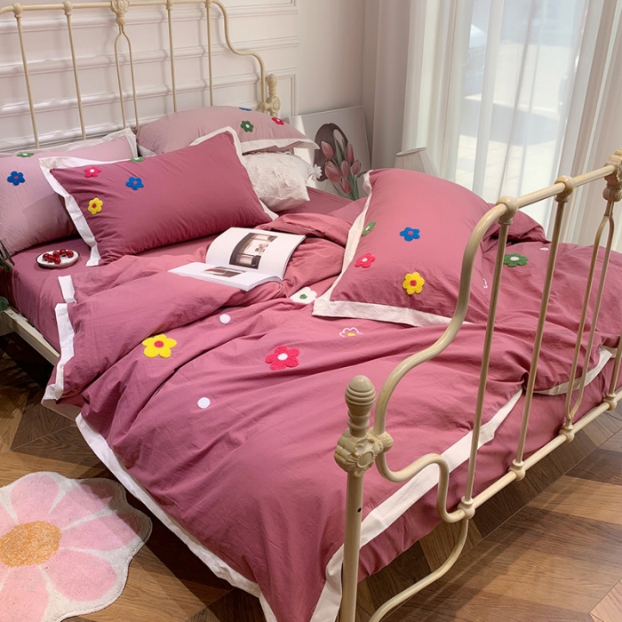 91家纺网 家纺一手货源 找家纺 润缦 32支加厚全棉水洗棉四件套泫雅风实拍图 泫雅风海棠红