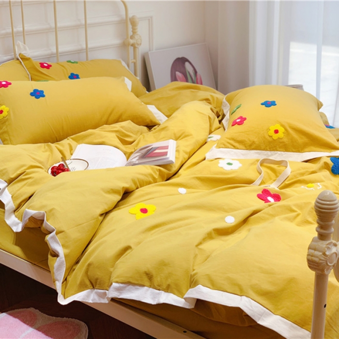 91家纺网 家纺一手货源 找家纺 润缦 32支加厚全棉水洗棉四件套泫雅风实拍图 泫雅风姜黄