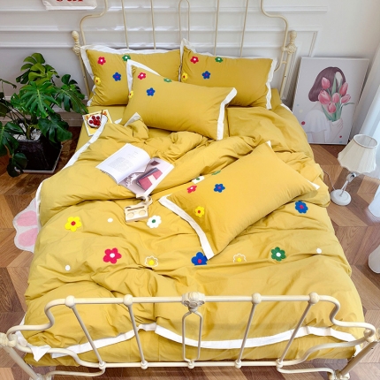 润缦 32支加厚全棉水洗棉四件套泫雅风实拍图 泫雅风姜黄