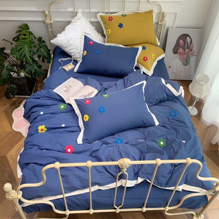 91家纺网 家纺一手货源 找家纺 润缦 32支加厚全棉水洗棉四件套泫雅风实拍图 泫雅风牛仔蓝