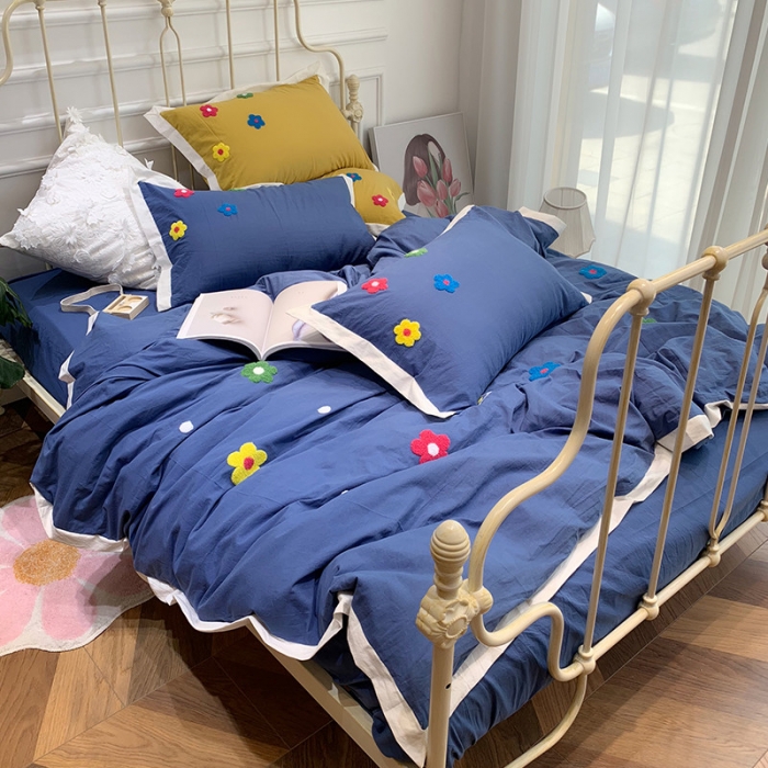 91家纺网 家纺一手货源 找家纺 润缦 32支加厚全棉水洗棉四件套泫雅风实拍图 泫雅风牛仔蓝