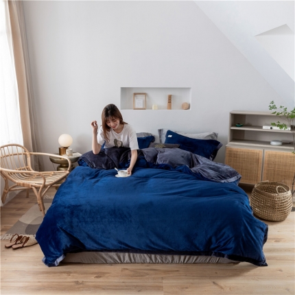 91家纺网 家纺一手货源 找家纺 润缦 2019新款牛奶绒终版四件套 藏青深灰