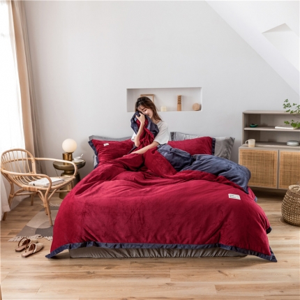 91家纺网 家纺一手货源 找家纺 润缦 2019新款牛奶绒终版四件套 酒红深灰