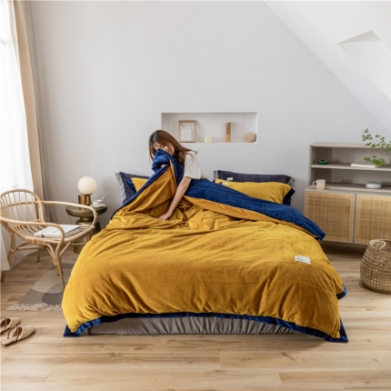 91家纺网 家纺一手货源 找家纺 润缦 2019新款牛奶绒终版四件套 秋黄藏青