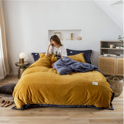 91家纺网 家纺一手货源 找家纺 润缦 2019新款牛奶绒终版四件套 秋黄深灰